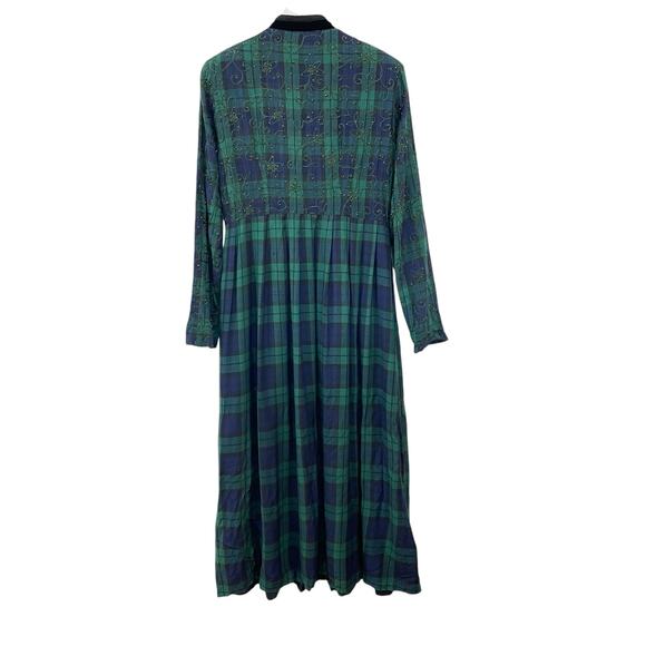 Vintage 90s Women's Sz 8 Green Blue Plaid Embroidered Beaded Winter Maxi Dress - Picture 8 of 8